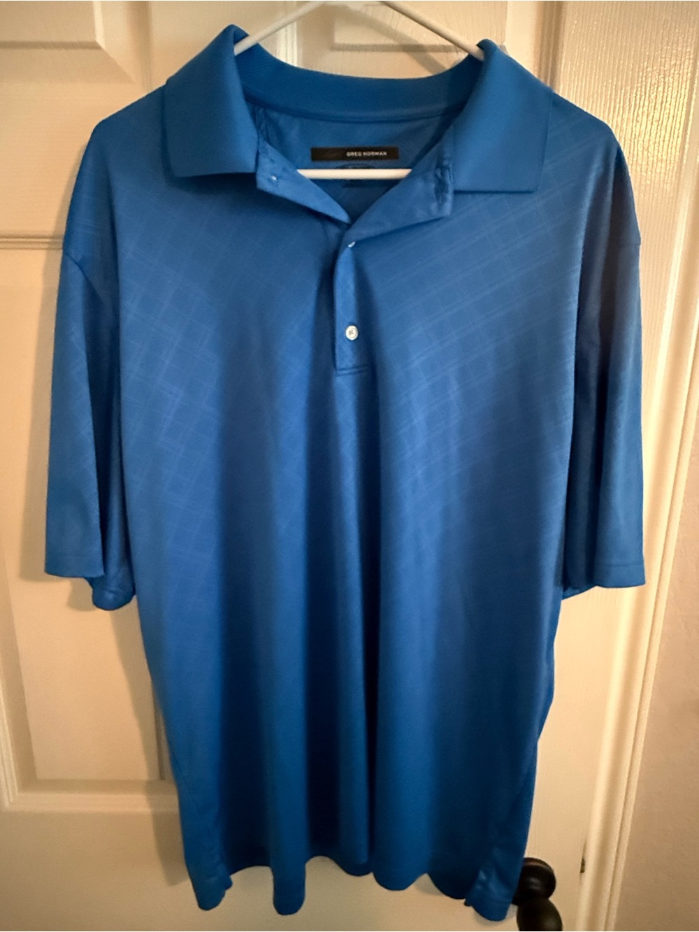 Greg Norman Collection Light Blue Windowpane Short Sleeve Polo